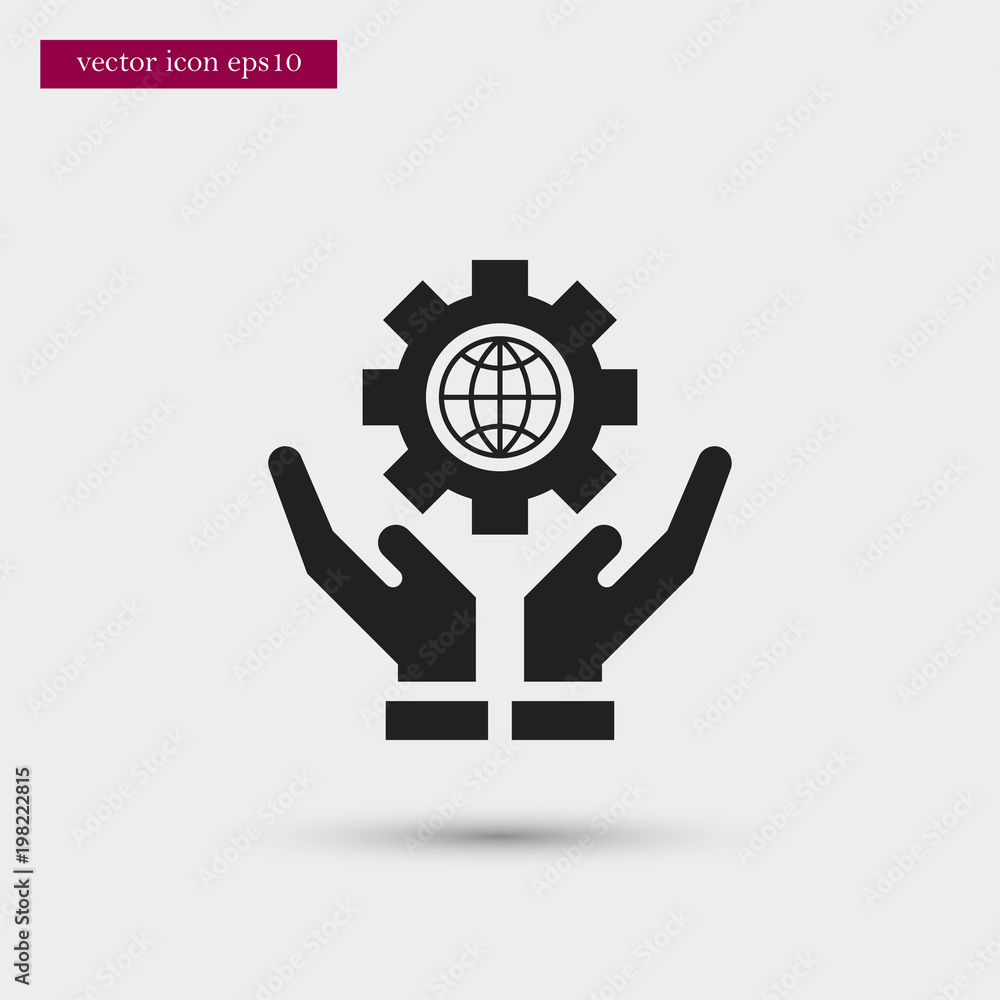 Poster globe with gear on hand icon. simple process element illustration. settings symbol design from busin