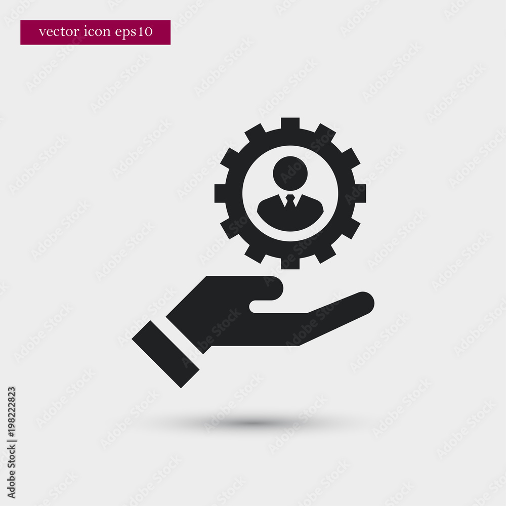 Poster gear with user on hand icon. simple hr element illustration. work symbol design from business collec