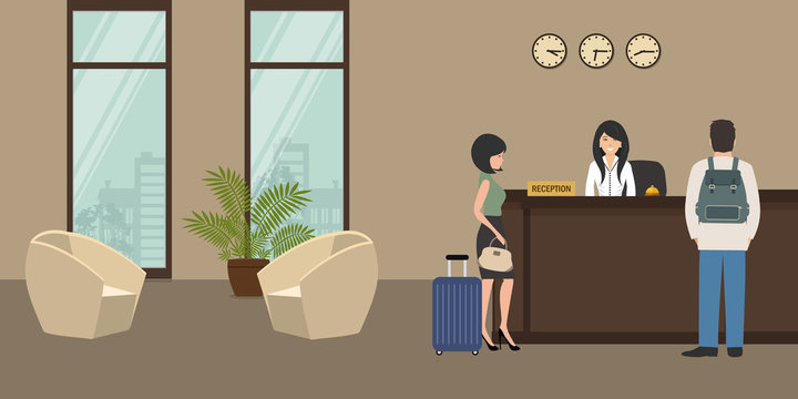 Hotel reception. Young woman receptionist stands at reception desk. There are also two armchairs on a window background in the picture. Travel, hospitality, hotel booking concept. Vector illustration