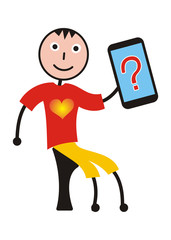 A boy with a heart on a T-shirt and a tablet on which a question mark is shown. Cartoon drawing