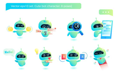 Cute bot character set. Chatbot greets. Online consultation - obrazy, fototapety, plakaty