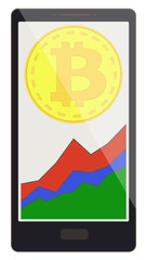 bitcoin coin with growth graph on a phone screen