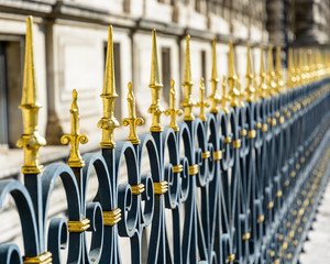 A heavy black wrought iron fence topped with golden spikes and fleur-de-lis running along a...
