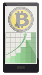 bitcoin coins with growth graph on a phone screen