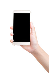 Close-up girl hand holding smartphone on a white background