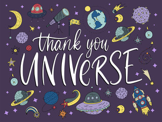 Handdrawn lettering quote with galaxy illustrations.