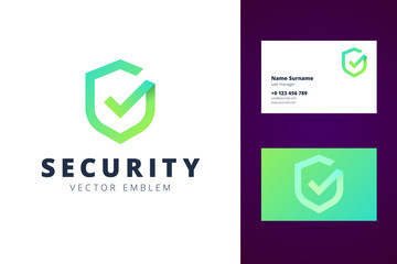 Shield logo and business card template in modern gradient line style.