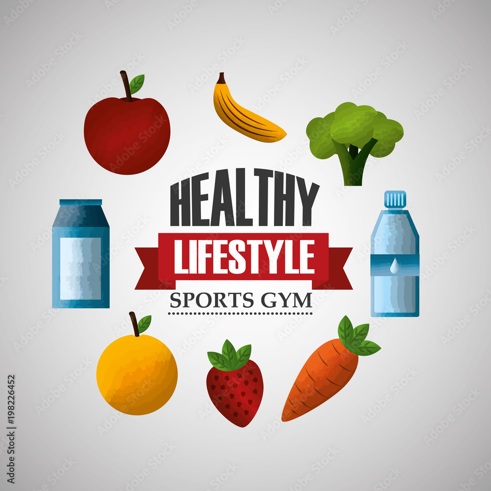 Sticker healthy lifestyle sport gym fresh food and water vector illustration