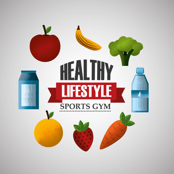 healthy lifestyle sport gym fresh food and water vector illustration