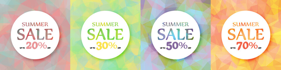 A set of round colorful advertising banners. Discount of 20, 30, 50, 70%. Summer action. 10 eps