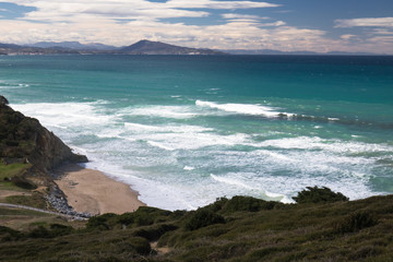 scenic hike on coastal footpath in bidart with view on atlantic ocean, basque country, france
