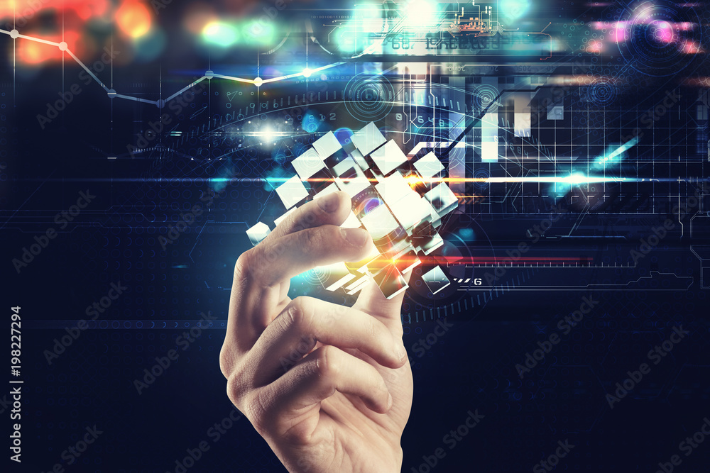 Poster innovation in the digital world. hand holds abstract cubes. 3d rendering