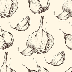 Vector garlic handdrawn seamless pattern in the style of engraving.