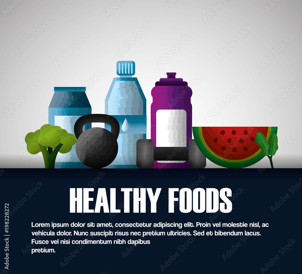 Sticker healthy foods dieting food weight fitness fruit vegetable vitamins water vector illustration