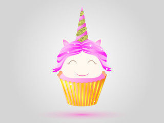 Cupcake with pink cream and unicorn with golden horn. Vector illustration