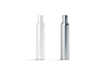 Blank white and steel closed hairspray bottle mockup, 3d rendering. Empty deodorant mock up isolated. Clear stainless container template