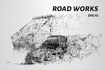 Dump truck unloads the sand. Dump truck of particles. Road works consists of circles and dots.