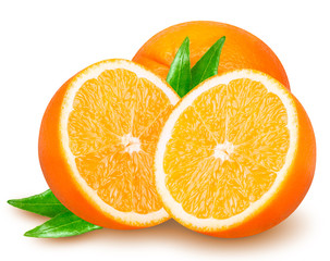 Isolated oranges. Whole and cut orange fruits isolated on white background