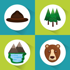 canada hat range mountain lake pine tree and bear vector illustration