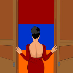 Gorgeous girl opens the door to Armenia. Welcome to Armenia. Vector illustration.