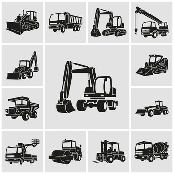 Heavy equipment and machinery detailed icons set