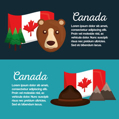 canada banners flag bear hat mountain pine tree vector illustration