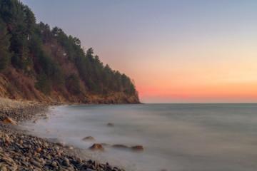 Fototapeta na wymiar Beautiful cloudless landscape on the shore of the Black Sea, sunset