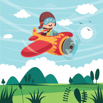 Vector Illustration Of Kid Operating Plane