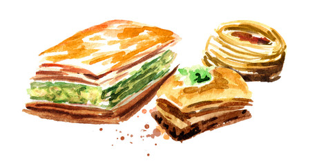 Turkish Baklava. Watercolor hand drawn illustration, isolated on white background