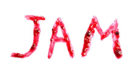 Word "JAM" made of sweet jam on white background