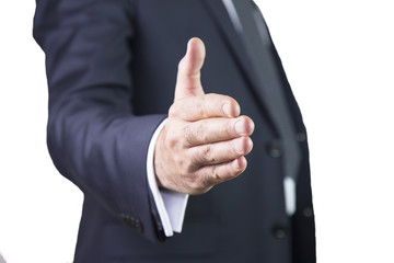 business man hand extended to handshake isolated on white background. Business man offers his hand ready to seal a deal 