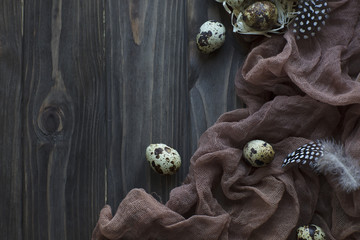 Easter decoration feathers quail eggs, brown fabric gray wooden background.