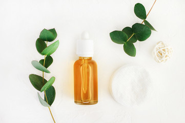 Natural handmade cosmetics with honey and eucalyptus aroma, bottle with diy cleansing beauty care product and fresh green leaves viewed above on white, wellness background
