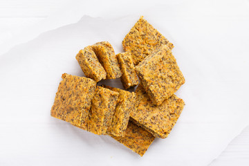 Vegan carrot sweet pie with poppy seeds. Homemade healthy dessert on white.