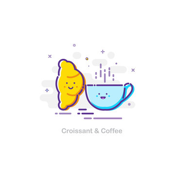 Croissant and coffee concept in mbe design style. Vector flat illustration.