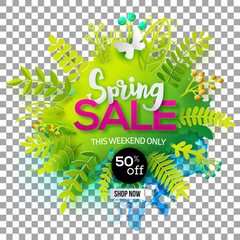 Spring sale message on green leaves and watercolor blot and isolated transparent background. Paper art cut out elements and hand drawn details. Vector illustration. Seasonal discount banner.