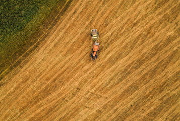 Obraz premium Aerial view of tractor making hay bale rolls in field