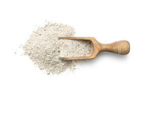 Fototapeta na wymiar Buckwheat flour in scoop on white background