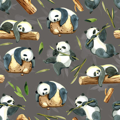 Watercolor seamless pattern of different panda and leaves