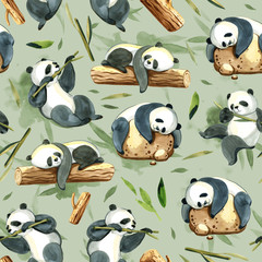 Watercolor seamless pattern of different panda and leaves