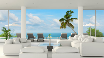 Obraz na płótnie Canvas Beach lounge living room interior with sea view and blue sky, 3D rendering