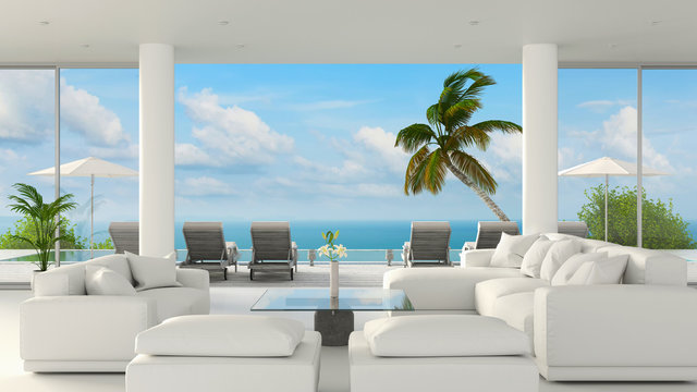 Beach lounge living room interior with sea view and blue sky, 3D rendering