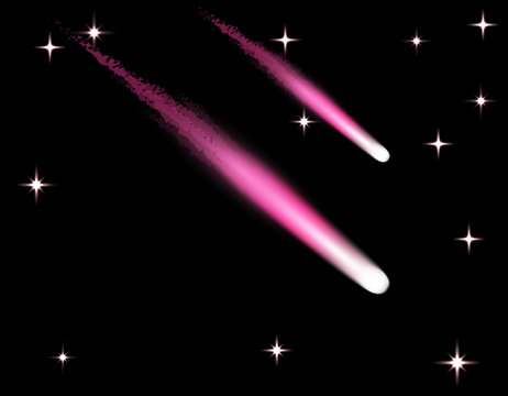 Two comets of violet, meteor, starry sky. Isolated on a black background. illustration