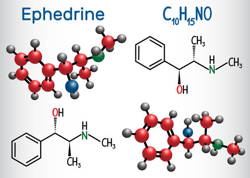 Ephedrine (C10H15NO) molecule, is a medication and stimulant. Structural chemical formula and molecule model