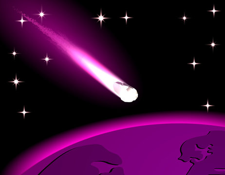A bright comet of purple color, a meteor flying over the background of the earth, a starry sky. Isolated on black background. illustration