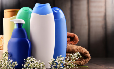 Plastic bottles of body care and beauty products