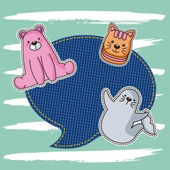 cute bear seal and cat patches with speech bubble denim vector illustration