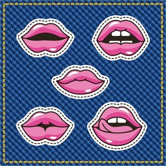 female kiss mouth sensual patch denim background vector illustration