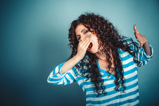 Sleepy Young Woman With Wide Open Mouth Yawning Eyes Closed Look