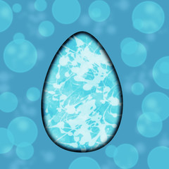 Easter blue background with bokeh with 3d Easter egg in the center. Egg in splashes and stains of paint. The basis for a postcard